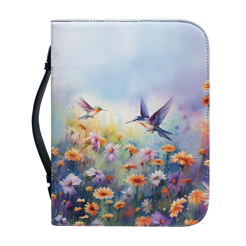 Garronmavis Watercolor Daisy Hummingbirds Bible Cover Book, Flower Birds Bible Holder, Floral Bird Art Bible Cases for Worship - M — image 1
