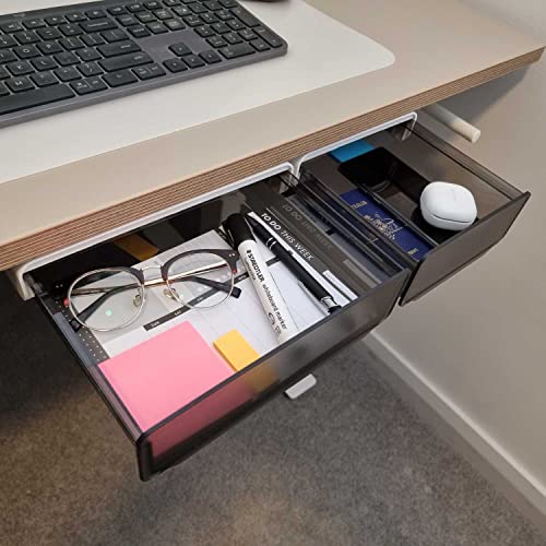 merakiXlab Pen Holder Under Desk Organisers - Self-Stick Pencil Tray Accessories for Office - Desktop Organizer - Hidden Plastic Drawer Storage for Pencil (Large, Transparent)