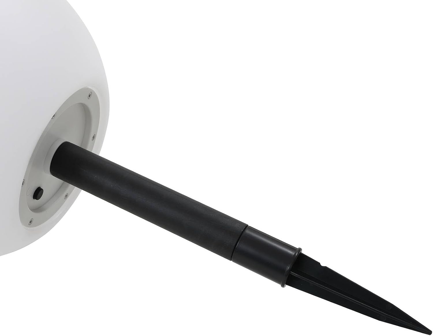 Close-up of the ground spike being inserted into the base of the Lindby Lago light sphere
