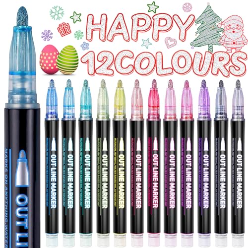 Lenski Stocking Fillers Kids, Gifts for Teenage Girls Birthday Presents, 12 Glitter Pens Outline Marker Pens, Arts and Crafts for Kids, Gifts for 4-13 Year Old Girls, Colouring Pens Art Supplies
