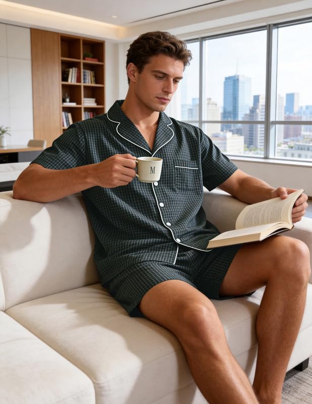 Marvmys Mens 100% Cotton Pajama Set Sleepwear Short Sleeve Pj Set Button Down Lounge Set Plaid Pajamas S-3XL