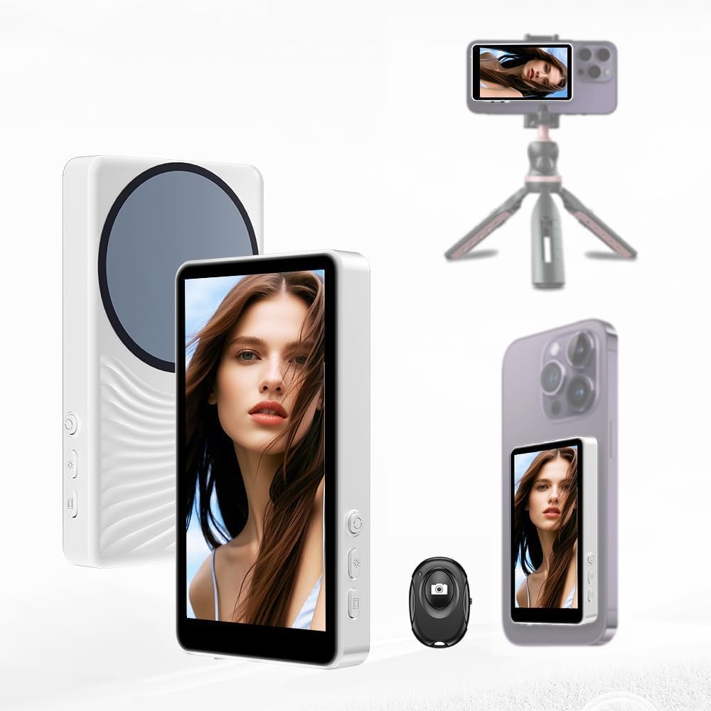 Phone Vlog Selfie Monitor Screen, Back Camera Monitor Compatible iPhone & Android Phone,Magnetic Mount Wireless Connection, Using Phone Rear Camera for TikTok Selfie Vlog Live Stream – White