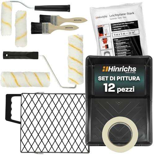 Hinrichs Kit pittura muro 10 pezzi - Set di Rullo per Pittura Piccolo con Vassoio per Vernice, Manico Raschietto, Telone - Rullo Pittura Piccolo Rulli per Pittura - Rulli per Imbiancare