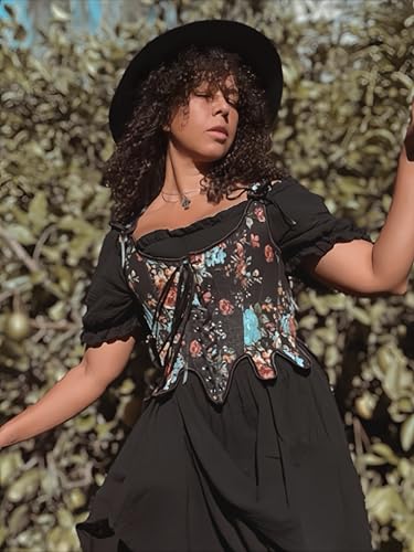 Image of Scarlet Darkness Corset Tops for Women Floral Renaissance Bustier Bodice | Ideal for Halloween, Ren Faire, Theme Party; Overbust, Adjustable Straps, Lace Up, Irregular Hem, Zip Closure, Hand Wash