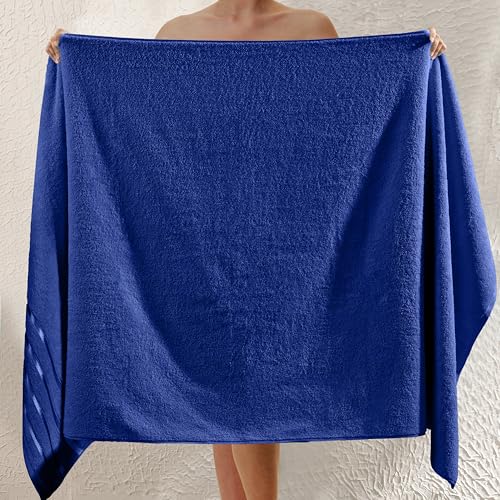 Image of Elegant Comfort 100% Turkish Cotton 4 Lines Viscose Stripe Jumbo Bath Towel - Hotel Spa Quality Extra Large 35 x 70 Inch Bath Towel Ultra Soft, Super Absorbent Quick Dry Large Bath Towel, Royal Blue