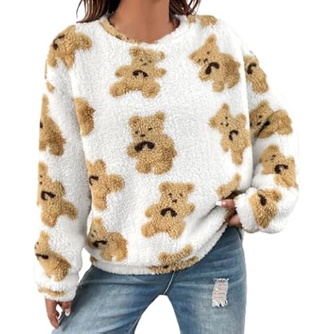 HGps8w Women's Cute Bear Plush Pajama Tops, Pullover Soft Fluffy Fleece Warm Sweatshirts Winter Comfy Fuzzy Lounge Sleepwear Cover