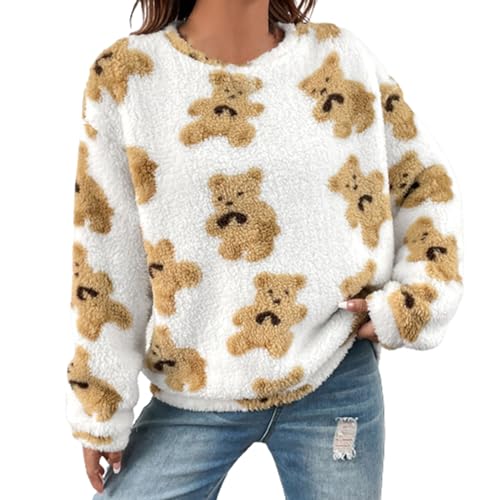 HGps8w Women's Cute Bear Plush Pajama Tops, Pullover Soft Fluffy Fleece Warm Sweatshirts Winter Comfy Fuzzy Lounge Sleepwear