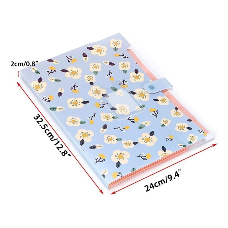 Cartella espandibile, Cartella Portadocumenti a Fisarmonica Floreale Blu, 8 Tasche, Formato A4, Portatile