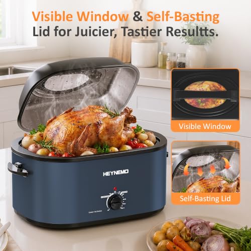 Image of 30 Quart Large Turkey Roaster with Defrost & Warm Functions, Electric Roaster Oven with Visible Self-Basting Lid, Adjustable Temperature Control, Removable Pan & Rack, Stainless Steel, Blue