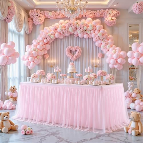 Suppromo Pink Tulle Tablecloth for 4 Foot Rectangular Tables 48 x 24 Inch White Rectangle Table Cloth 4ft Wrinkle Free Table Cover with Tutu Skirt for Wedding Birthday Party Banquet Tablecover by Suppromo - Image 9