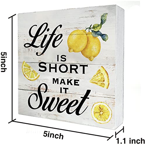 Inspirational Quote Life is Short Make it Sweet Wood Box Sign Rustic Lemon Print Wooden Box Sign Farmhouse Home Kitchen Desk Shelf Decor (5 X 5 Inch)