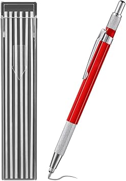 Welders Pencil with 12PCS Silver Refills, Metal Marker Mechanical Welding Pencil Pipefitters, Fabrication, Red