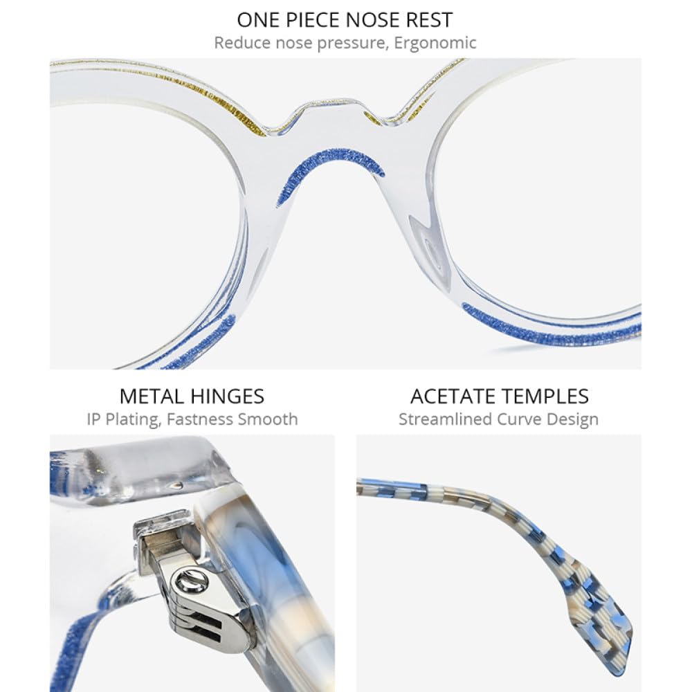 MUTYNE Montura de gafas de acetato en polvo para mujer, anteojos redondos Vintage transparentes, gafas para hombre