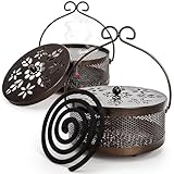 Elsjoy 2 Pack Metal Mosquito Coil Holders, Portable Mosquito Incense Burner with Lid and Handle for Indoor and Outdoor, Bronze