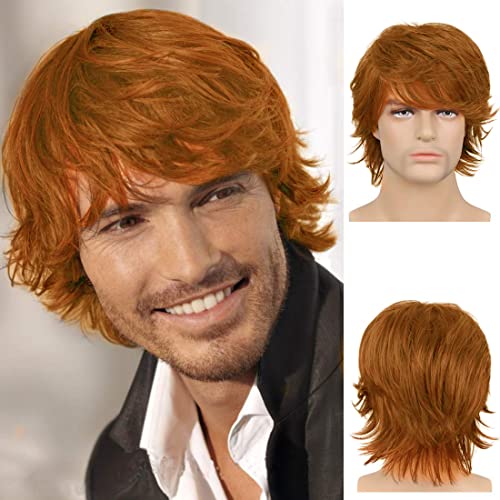 Wiwige Mens Orange Wig Short Layered Fluffy Natural Wig Synthetic Heat Resistant Halloween Cosplay Wig for Males