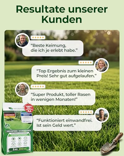 Rasensamen Schnellkeimend Frühjahr – TEST SEHR GUT – Grassamen Schnellkeimend für Rasen & Rasen Nachsaat 5kg 200qm – Rasensaat für Nachsaat Rasen Frühjahr, Saisonstart, kräftiges Wachstum