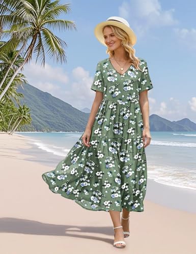 Image of YESNO Women's Summer Maxi Dresses Casual Floral Short Sleeve V Neck Boho Beach Vacation Swing Dress with Pockets EVF
