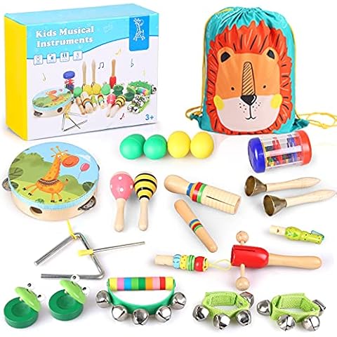 Veluoess Wooden Musical Toys, 23 PCS Musical Instrument Set for Toddlers with Cute Storage Backpack Tambourine Maracas, Percussion Instruments Toys Early Educational Toys Gifts for Boys and Girls 3+ Cover
