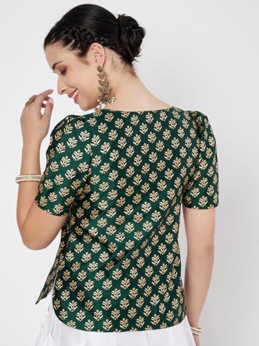 Image of studio rasa Women's Silk Blend Hand Block Printed Top for Wedding Festive Party