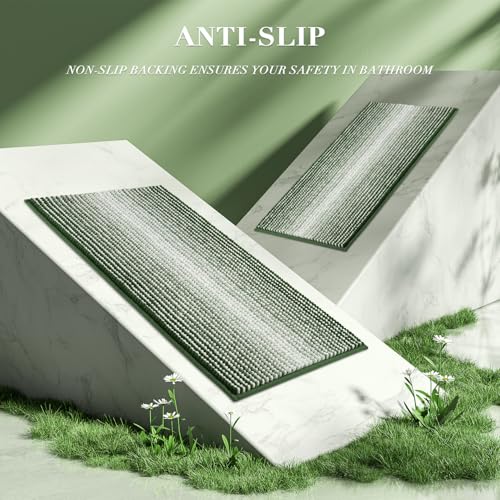 Bathroom Rugs and Mats Sets, 2 Piece Thick Absorbent Chenille Bath Mat Rug Set Non Slip, Soft Shaggy Bath Room Floor Mats for Bathroom, Machine Washable (Hunter Green, 24" x 70" Plus 20" x 32")