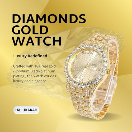 Halukakah Diamonds Watch Iced Out for Boy Teens - 18K Real Gold/Platinum Plated - 42mm Round Dial - 8" Length - Optional with Cuban Link Chain, with Adjuster Tool - Goldfoil Giftbox2