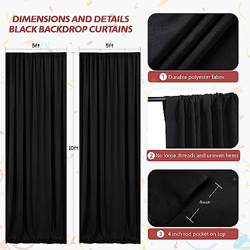 Black Backdrop Curtain: 2 Panels 5ft x 10ft - Polyester Photo Backdrop Drape for Wedding Stage Birthday Party Halloween Decorations - Thumbnail 5