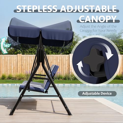Image of Garvee Outdoor Porch Swing with Adjustable Canopy, 3-Seat Patio Swing Chair with Stand, Heavy Duty Outdoor Swing for Adults, Metal Frame Patio Swing for Garden, Backyard & Poolside,Striped Blue