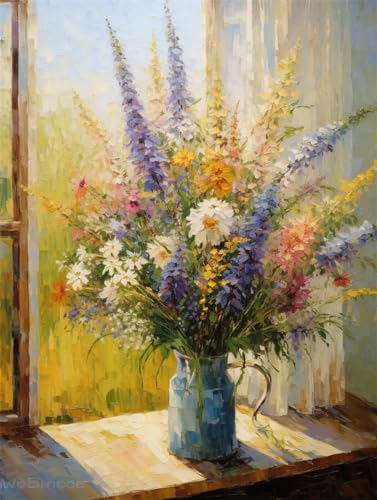Taxpy Tableaux sur toile peints à la main Peinture à l'huile de fleurs dans un vase sur le rebord de la fenêtre,50 * 70cm Mur Art Toile Affiches Impression...