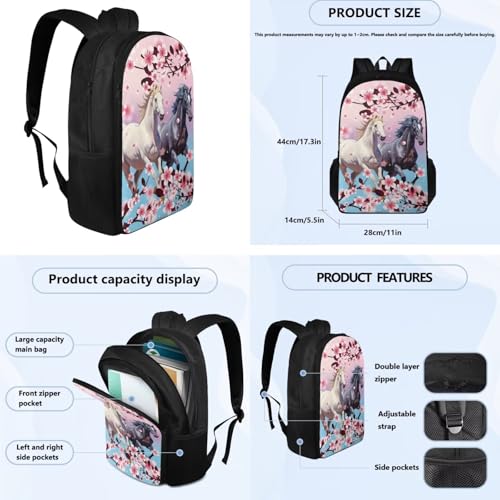 Cherry Blossom Horse Backpack for Girls Kids Backpack with Lunch Box Water Bottle Bag and Aesthetic Pencil Case 4PCS Set Bookbag with Compartments for School Teens 17 inch Sturdy School Bag4