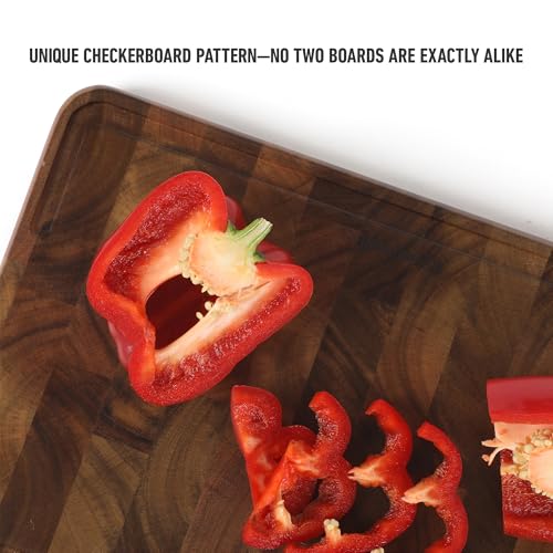 Image of Calphalon Edge Guard Cutting Board, 13.6 x 9.5-Inch End-Grain Acacia Wood Cutting Board, Wooden Chopping Block for Stable Cutting & Food Prep