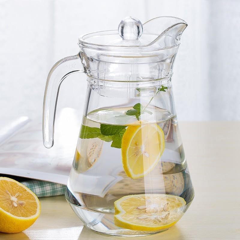 Image of NeWine Premium 1.3 Liter Glass Water Jug with Airtight Lid & Handle | 1300ML Transparent Beverage Carafe for Home Office Etc | Pitcher for Serve Juice Milk Beverage Chaas Cocktail (Classic Jug 1.3L)