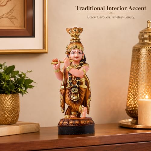 Image of Krishna Statue for Home Decoration House Warming Gift | Lord Krishna murti idol home decoration item showpiece for living room (polymarble,34*13*10)
