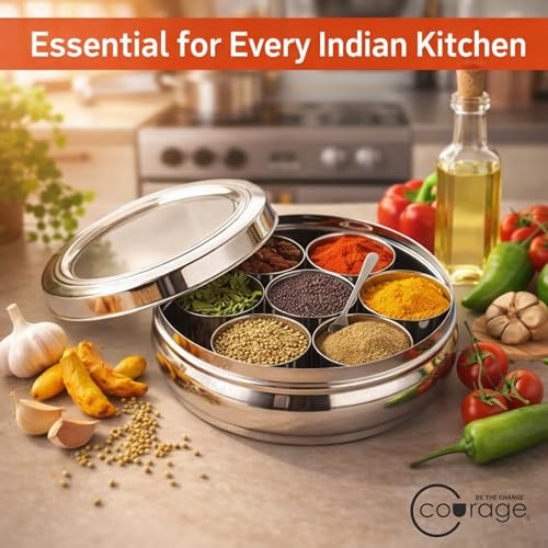 Image of COURAGE Stainless Steel Masala Dabba Spice Box with 7 Containers & Spoon | Airtight Lid | Premium Mirror Finish | Indian Spice Organizer for Kitchen Storage | Durable Masala Box Set with Steel Lid