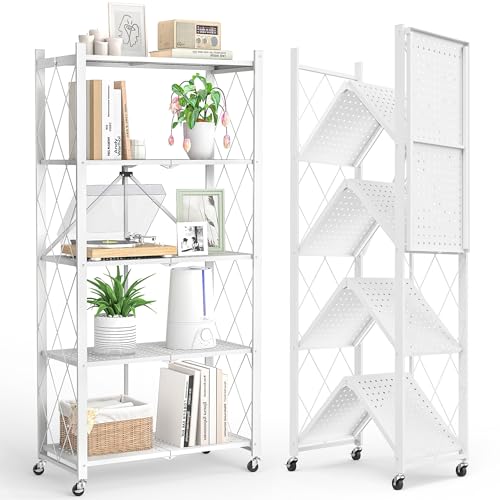 Image of 5-Tier Folding Metal Storage Rack - 63 inch Heavy-Duty Steel Frame with Wheels, No Assembly Utility Organizer, Rolling Shelving Unit for Kitchen, Garage, Pantry, Bedroom (White, 5 Tier)