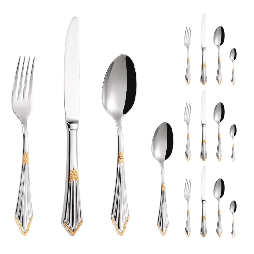 Manico in Rilievo Cucina in Acciaio Inox Argenteria Stoviglie Posate Set Posate Bistecca Coltello Forchetta Cucchiaio Cucchiaino (Argento Oro,16 pezzi)