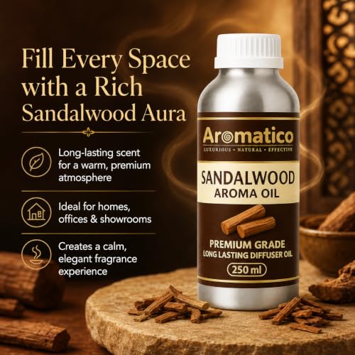 Image of AROMATICO Sandalwood Diffuser Oil with Strong, Long-Lasting Aroma for Homes, Offices & Showrooms. Aromatherapy, Diffusers, Air Purifiers, Vaporizers - 250 ml