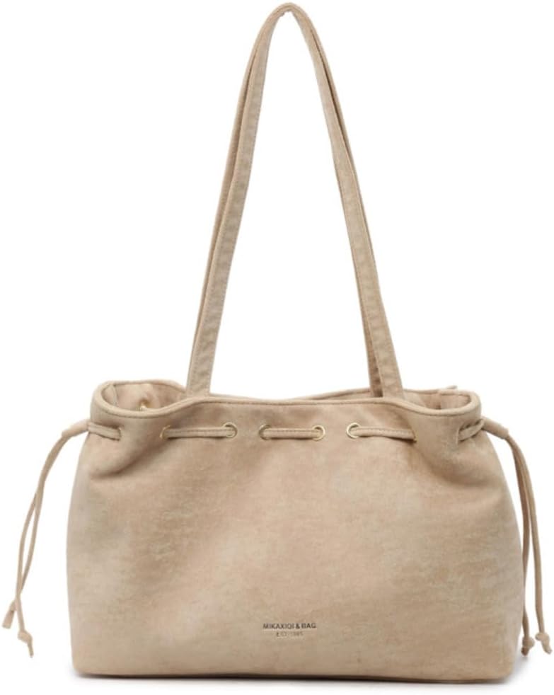 Retro Suede Bucket Purse Causal Travel College Crossbody Bag Drawstring Handbag Purse for Women Shouder Straps Tote