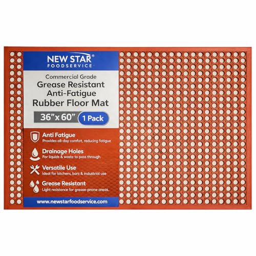 New Star Foodservice 54521 Commercial Grade Grease Resistant Anti-Fatigue Rubber Floor Mat, 36" x 60", Red