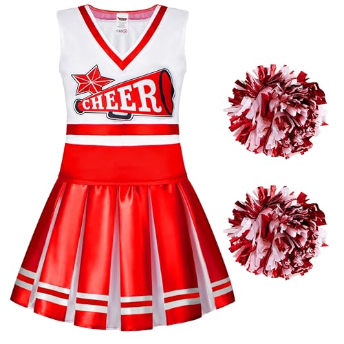 Spooktacular Creations Cheerleader Costume for Girls, Kids Halloween Cheerleader Outfit, Child Cheerleading Uniform for Halloween Dress Up Parties, Red, M