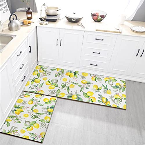 Cocobelin 2 Pieces Lemon Kitchen Rug Lemon Anti Fatigue Mat Non Skid Washable Standing Mat Lemon Kitchen Runner Rug 17X30+17X47Inch, Lemon Rugs-Yellow #TOP3