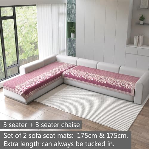 Image of Nendle Superior Velvet Floral Sofa Mat 6 Seater Set Cover Durable Protector for Living Room Sofa Set 3+3, Suitable for L Shape, Sectional and U Shape Sofa (Pink, Pack of 2)