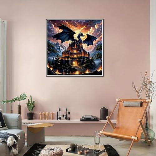 Image of Dragon Stamped Cross Stitch Kits for Beginners Adults, Castle Dimensions Needlepoint Art Crafts,Counted Cross Stitch Kits Embroidery Kits for Beginners Adults for Home Decor 13.8X13.8inch