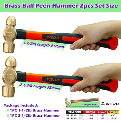 Image of WEDO 2PCS Brass Ball Peen Hammer Set, 24 oz+40 oz(1-1 /2lb+2lb-1 /2lb), Brass Ball Pein Hammer Set with Fiberglass Handle, Die-Forged, Corrosion Resistant, DIN Standard