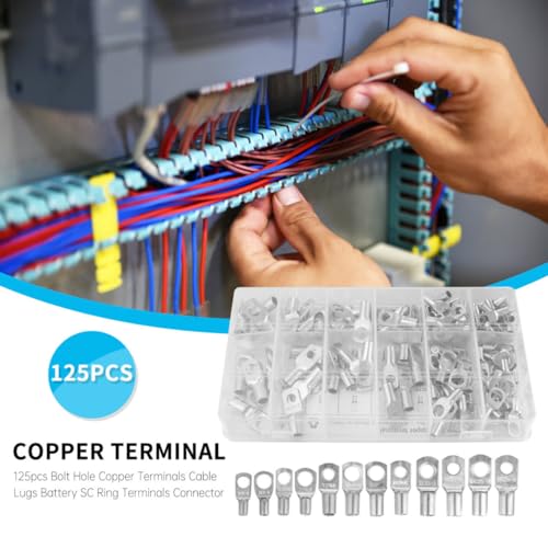 Terminales de anillo de cobre de 125 piezas terminal de cable cerrado calibre resistente 3