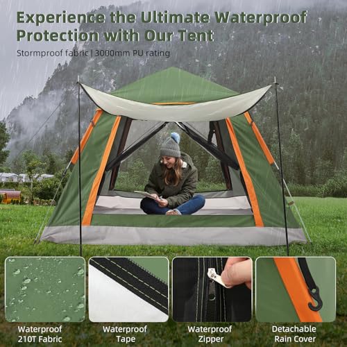 Aptliton Pop Up Tent Automatic, Camping Tent Waterproof Glow-in-the-Dark Pegs, Bug Netting & Convertible Door for Shade/Rain Protection Large 3-4 Person(200x200cm) - Image 5