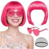 MEEZY Hot Pink Short Bob Wigs Straight Hair with Flat Bangs Heart Sunglasses for Women, Colorful Funny Cosplay Daily Party Neon Wig Synthetic Natural As Real Hair Carnival Halloween Costume