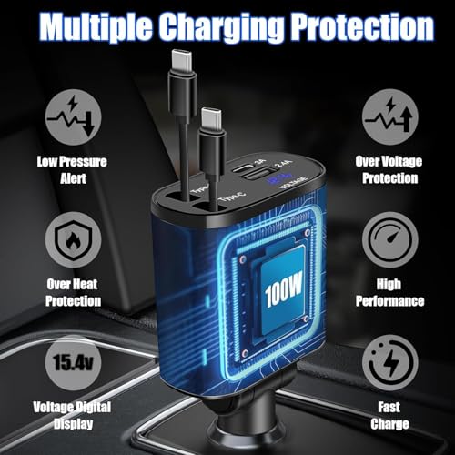 Image of 4-in-1 Retractable Car Charger, 100W Super Fast Charge, with 31.5-Inch Retractable Cables and Dual USB Ports, Compatible with All iPhone, iPad, Pixel, Tablets, All Android Phones