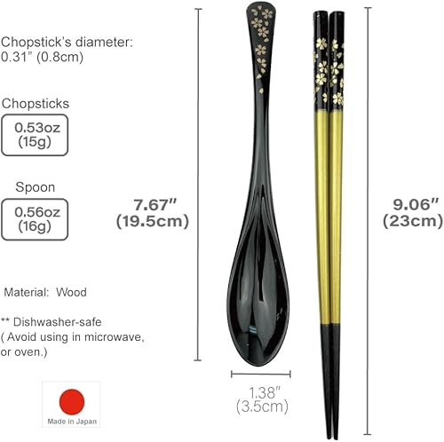 Miniatura 6 de Palillos japoneses prémium con cuchara reutilizables fabricados en Japón Palillos de madera de laca tradicional B (flor de cerezo BK(TSS05))