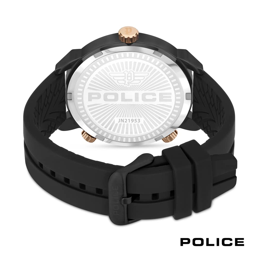 POLICE Ray PEWJN2195301 - Orologio multifunzione da uomo con quadrante nero e cinturino in silicone nero, cassa in acciaio inox da 51 mm, in confezione regalo, Marrone chiaro, misura unica, Cinturino