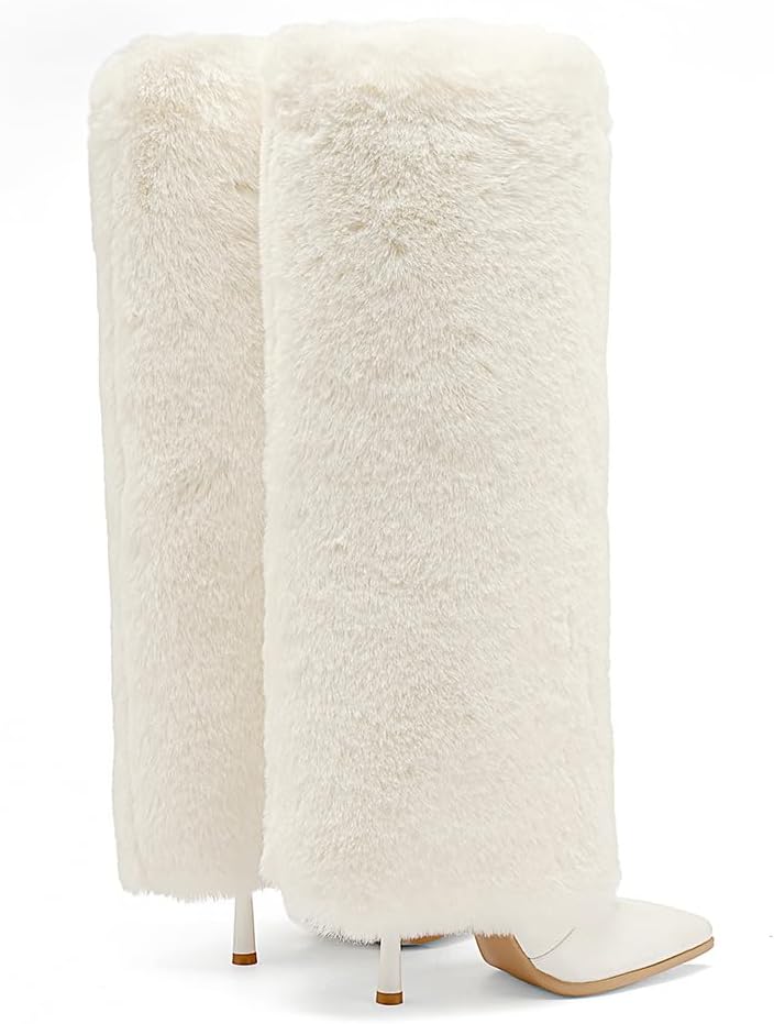 Tsrenlmln Faux Fur Boots Furry Fur Boots Winter Warm Plush Surface high heel Shoes